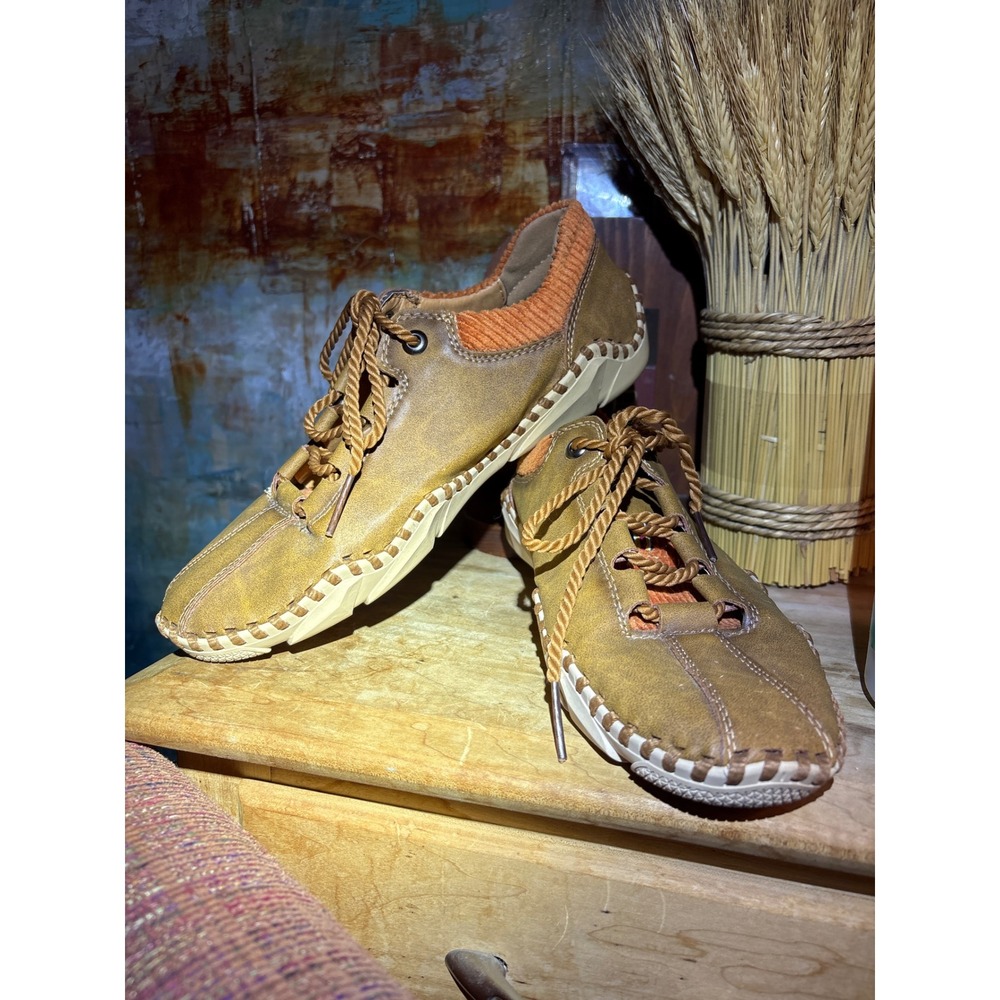 Salkin Tan Faux Leather Orange Corduroy Trim Hand Stitched Loafers Shoes 39 2105